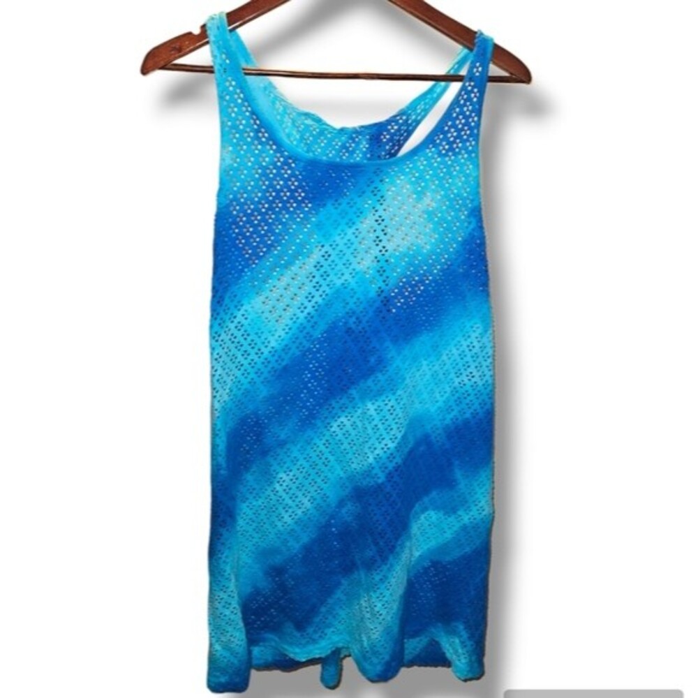 Bright Blue Y2K 90s Tie Dye Coastal Cowgirl Eyelet Web Tank Cover Up Dress